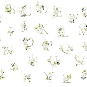 May include: A collection of watercolor alphabet letters, each adorned with white floral arrangements and green foliage. The letters are in a soft, muted green color, set against a white background.