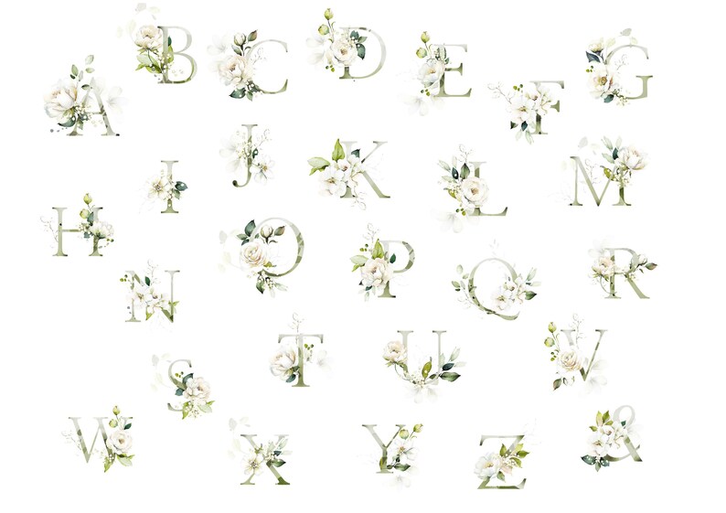 May include: A collection of watercolor alphabet letters, each adorned with white floral arrangements and green foliage. The letters are in a soft, muted green color, set against a white background.