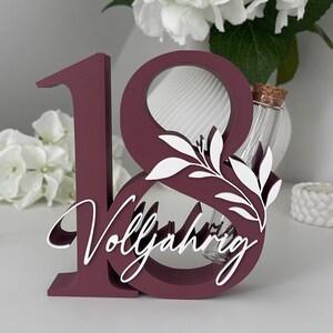 Geldgeschenk zum 18. Geburtstag, Schriftzug "Volljährig" Blätterranke, Wunschfarbe, Geburtstagsgeschenk, Deko Zahl,Geschenkidee 18 Jahre, bordeaux rot