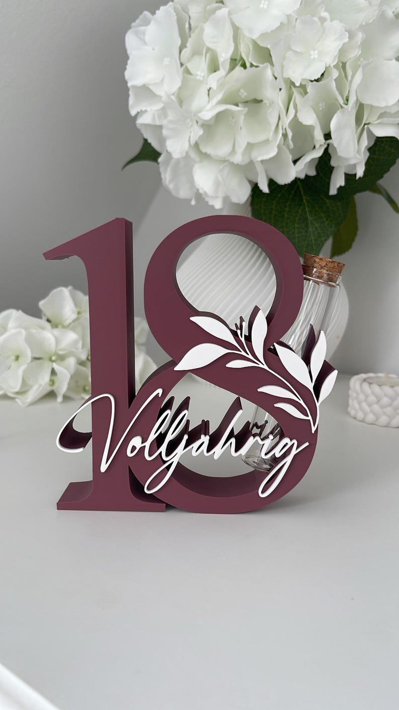 Geldgeschenk zum 18. Geburtstag, Schriftzug "Volljährig" Blätterranke, Wunschfarbe, Geburtstagsgeschenk, Deko Zahl,Geschenkidee 18 Jahre, bordeaux rot