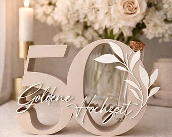 Geschenk zur Goldenen Hochzeit, 50 Zahl mit Glasröhrchen,Geschenk zum 50. Hochzeitstag, Deko Goldene Hochzeit, Geldgeschenk Goldene Hochzeit