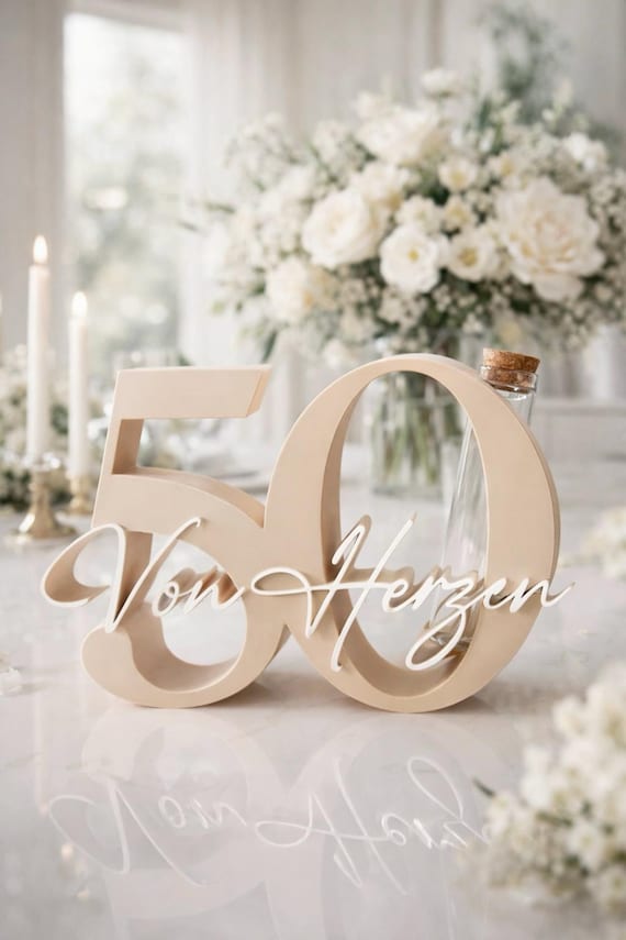 Geldgeschenk zum 50. Geburtstag, Schriftzug "Von Herzen" oder "Wunderbare", Wunschfarbe, Geburtstagsgeschenk, Deko Zahl, 3D Druck