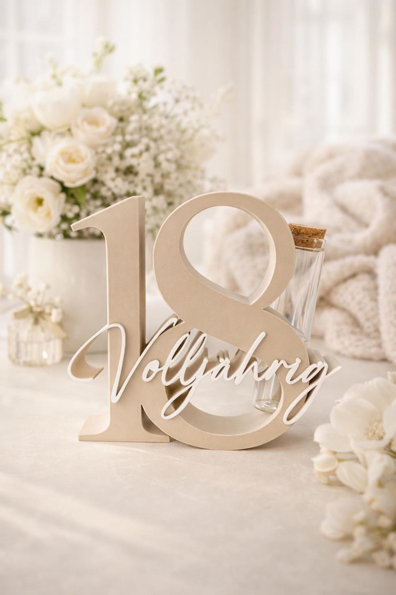 May include: A beige wooden number 18 with the word "Vollj&auml;hrig" in white script, likely for a birthday celebration. A small glass bottle with a cork stopper is visible. The background includes white flowers and a soft, neutral-toned setting.