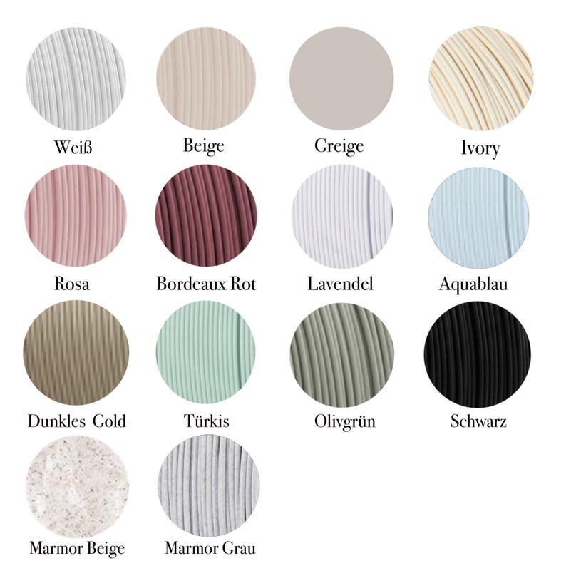 May include: A color palette featuring twelve circular swatches, each displaying a different color. The colors include white, beige, gray, ivory, pink, burgundy, lavender, light blue, gold, turquoise, olive green, and black. The text labels each color.