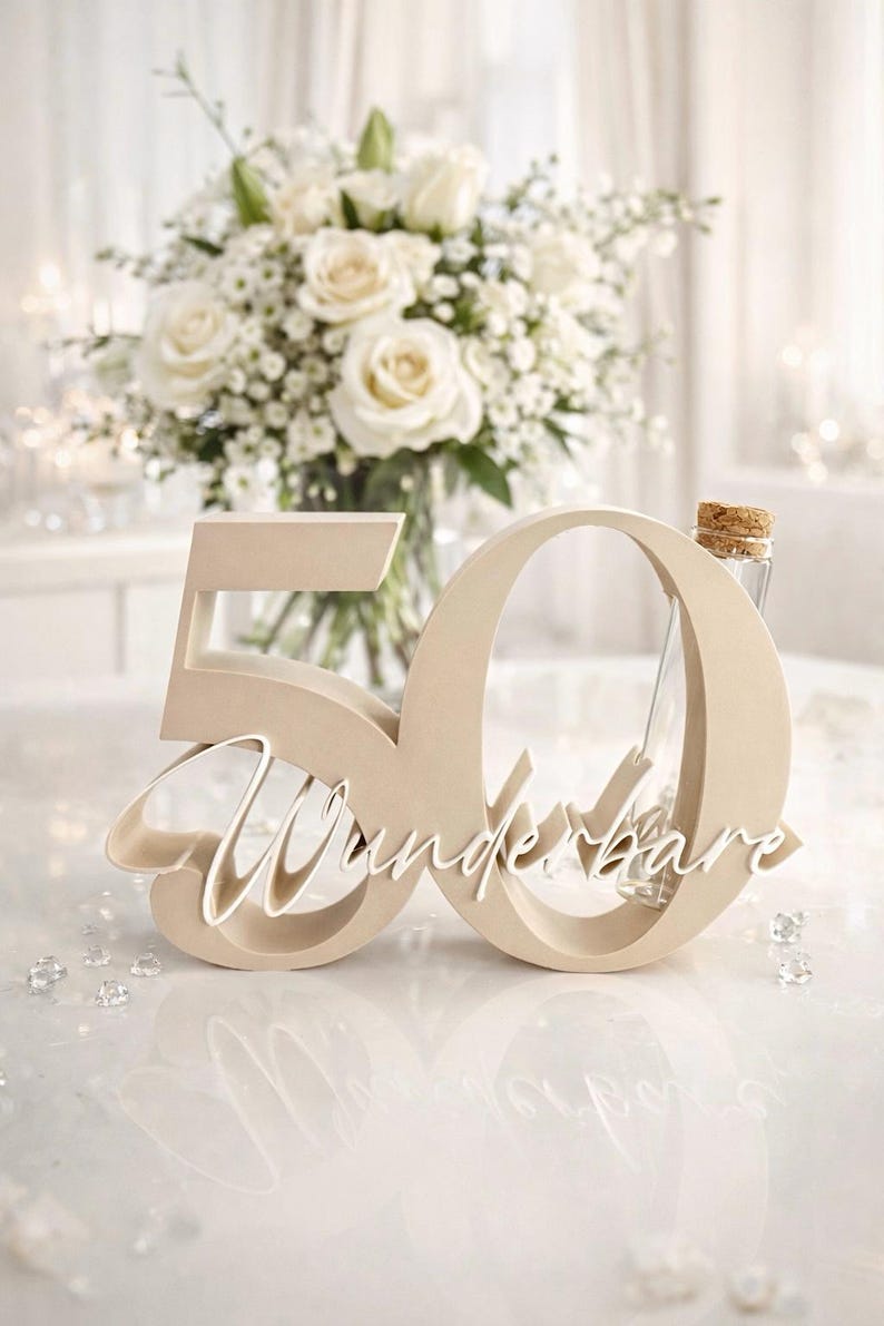 May include: A beige wooden cutout of the number 50 with the white cursive script word Wunderbare layered across the front. A small clear glass bottle with a cork stopper is tucked into the opening of the zero, standing upright.