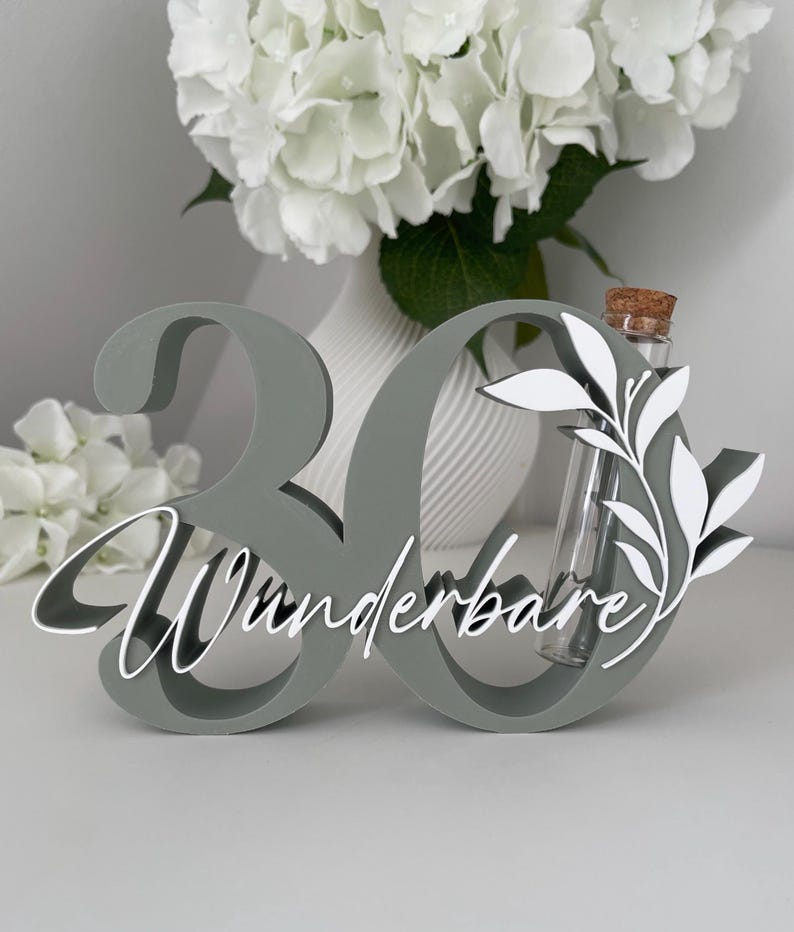 Geldgeschenk zum 30. Geburtstag | Zahl 30 mit Glasröhrchen | personalisiertes Geschenk 30. Geburtstag | Geburtstag Deko 30 olivgrün