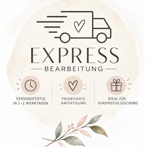 Könnte beinhalten: Ein grafisches Design mit einer dunkelbraunen Strichzeichnung eines Lieferwagens mit einem Herzsymbol an der Seite. Der Text lautet EXPRESS BEARBEITUNG, VERSANDFERTIG IN 1-2 WERKTAGEN, PRIORISIERTE ANFERTIGUNG und IDEAL FÜR KURZFRISTIGE GESCHENKE.