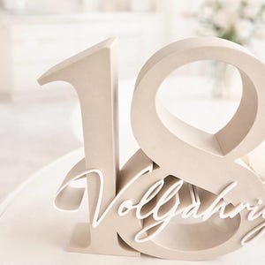 May include: A wooden number 18 cake topper in a light beige color. The number 18 is stylized with a cursive word, "Vollj&auml;hrig", layered across the bottom. The cake topper is on a white surface.