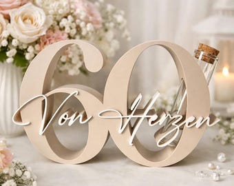 Geldgeschenk zum 60. Geburtstag, Schriftzug "Von Herzen" oder "Wunderbare", Wunschfarbe, Geburtstagsgeschenk, Deko Zahl, 3D Druck