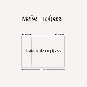 Op de afbeelding: Een diagram met de tekst "Ma&szlig;e Impfpass" en "Platz f&uuml;r den Impfpass". Het diagram toont een rechthoek verdeeld in vier secties, met afmetingen van 200 mm breed en 50 mm aan elke kant.