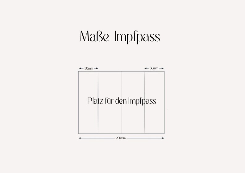 Op de afbeelding: Een diagram met de tekst "Ma&szlig;e Impfpass" en "Platz f&uuml;r den Impfpass". Het diagram toont een rechthoek verdeeld in vier secties, met afmetingen van 200 mm breed en 50 mm aan elke kant.