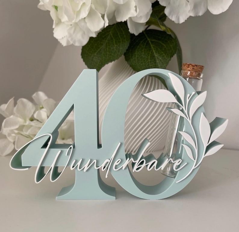 Geldgeschenk zum 40. Geburtstag | Zahl 40 mit Glasröhrchen | personalisiertes Geschenk 40. Geburtstag | Geburtstag Deko 40 türkis