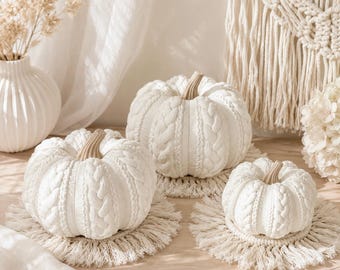 3D Kürbis Deko Strickoptik | Herbstdeko Boho | Kürbis Weiß Beige | Moderne Herbst Dekoration | Tischdeko Herbst | Geschenk