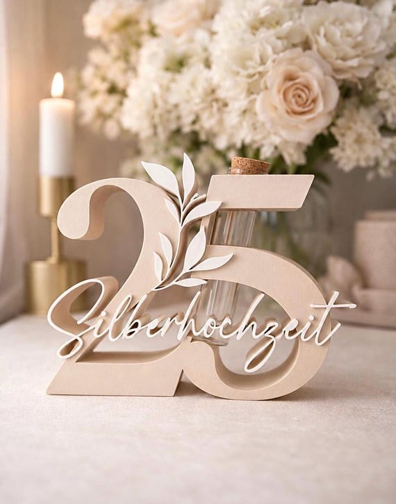 Geschenk zur Silberhochzeit,25 Zahl mit Blätterranke,Wunschfarbe,Silberne Hochzeit,Deko Zahl Silberhochzeit, Geldgeschenk zur Silberhochzeit