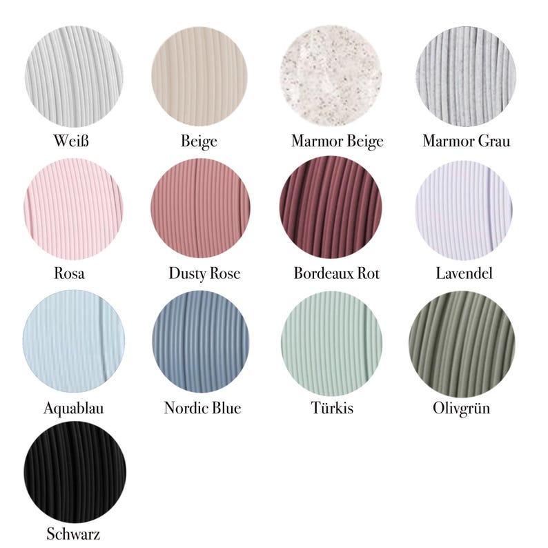 May include: A color palette chart featuring thirteen circular swatches of ribbed material in various shades including white, beige, marble beige, marble gray, pink, dusty rose, burgundy, lavender, aqua blue, nordic blue, turquoise, olive green, and black.