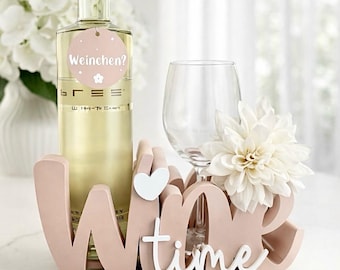 Weinhalter mit Untersetzer + Blume + Anhänger, Wein Geschenk, Geburtstagsgeschenk, Geschenk für Weinliebhaber, Geschenkidee
