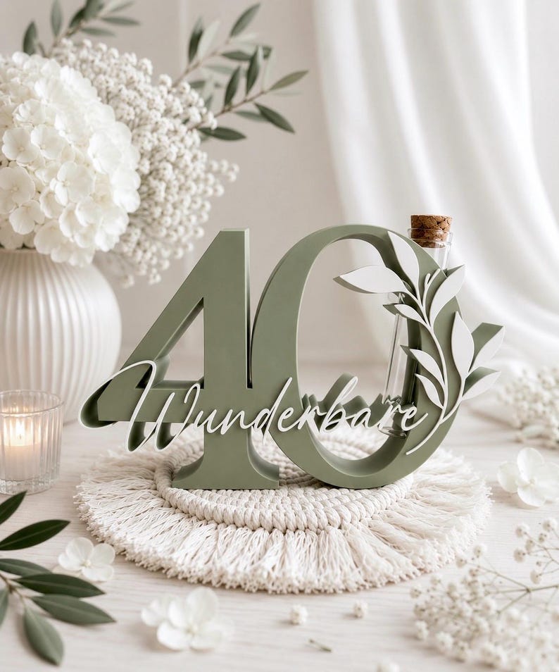 May include: A sage green wooden number 40 sign featuring the white cursive text Wunderbare and a white leaf cutout overlay. A clear glass test tube with a cork stopper is integrated into the zero, providing a space for a single stem or flower.