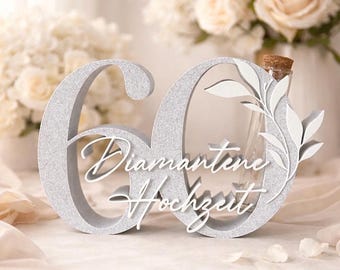 Geschenk zur Diamantenen Hochzeit, 60 Zahl mit Blätterranke, Wunschfarbe, Deko Zahl Diamantene Hochzeit, Geldgeschenk zur Diamanthochzeit