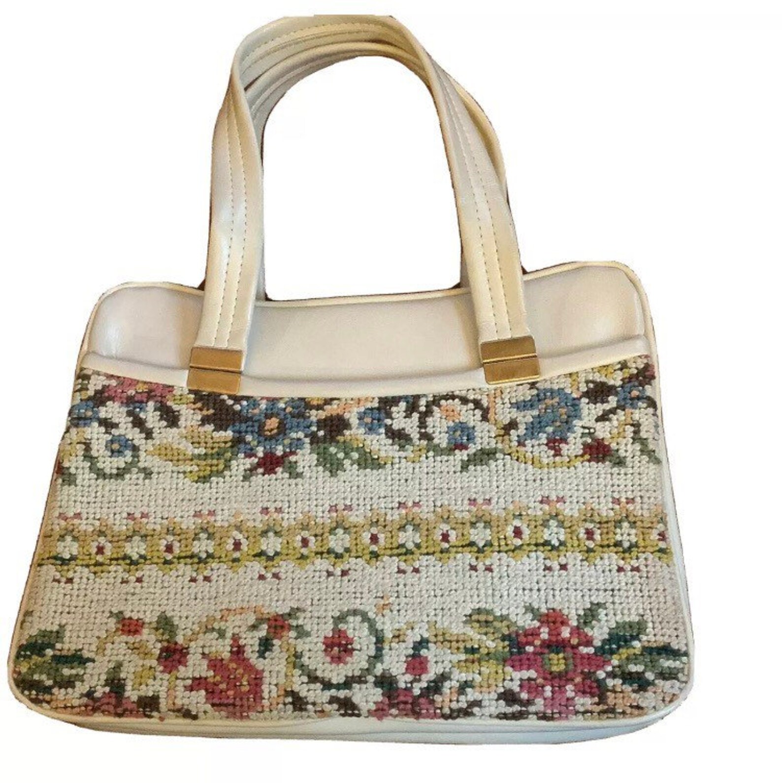 Vintage 1960s Carpet Bag Needlepoint Floral Handbag Ivory Etsy
