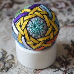 Handmade Temari Ball with Ceramic Stand: Japanese Embroidery Art