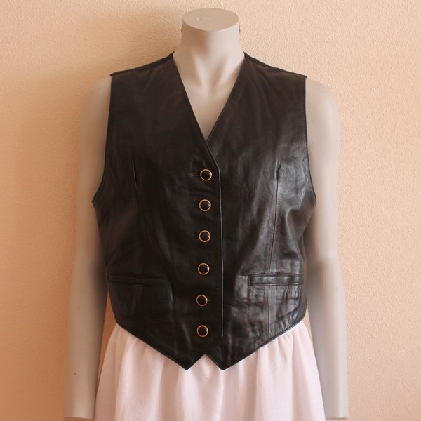 Black Genuine Leather Vest Goldening Buttons Womens Vest Sleevless Leather Top Vintage Vest Biker Motorcycle  Goth Rocker Vest US12/Large