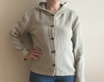 Vintage Linen Cotton Blend Jacket Gray Womens Jacket Grey Linen Jacket Button Up Hooded Blazer Medium to Large Size