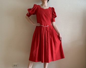 Vintage Dirndl Dress Red Midi Dress Puff Sleeves Trachten Alpen Austrian National Costume Oktoberfest German