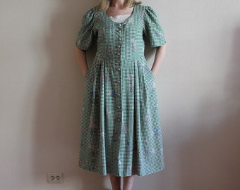 Vintage Dirndl Dress Gingham Plaid Midi Dress Checkered Green Plaid Cotton Linen Blend Trachten Austrian National Costume Oktoberfest German