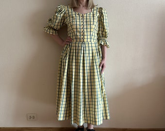 Vintage Dirndl Dress Plaid Cotton Midi Dress Checkered Green Yellow Plaid  Trachten Austrian National Costume Oktoberfest German