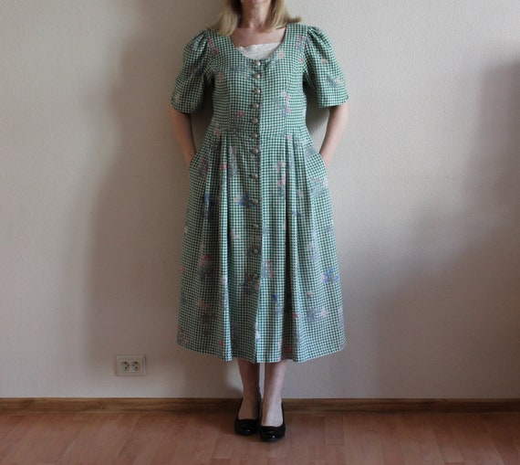 Vintage Dirndl Dress Gingham Plaid Midi Dress Che… - image 1