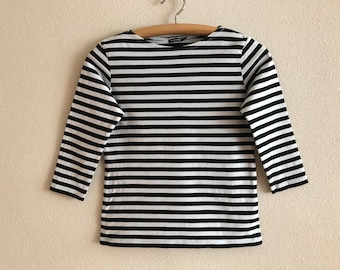 Vintage MARIMEKKO Shirt Nautical Women Top White Black Striped Sailor Blouse 3/4 Sleeves Marine Sweater Small Size