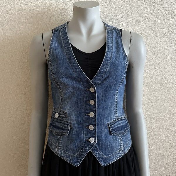 Women's Vest Denim Vest Blue Jeans Vest Fitted Womens Waistcoat Metal Buttons Country Boho Sleeveless Denim Jacket