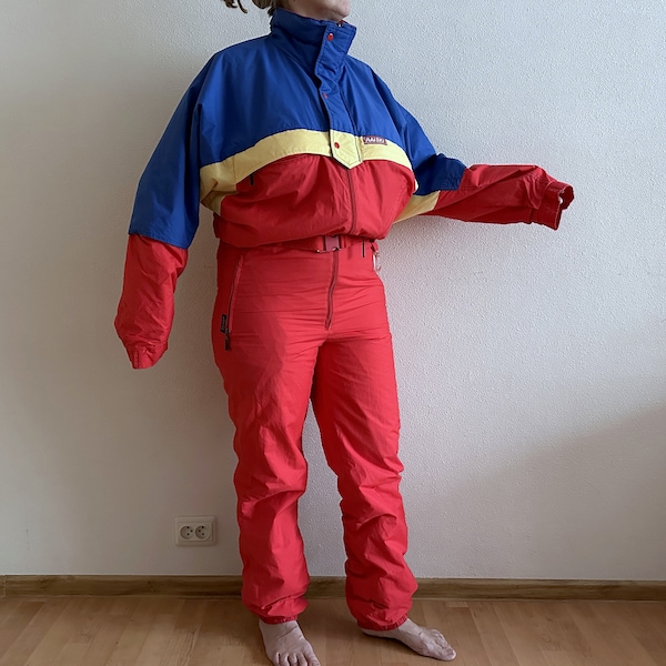 RAISKI Vintage Ski Suit Red Yellow Blue Colorblock One Piece Ski Suit 80s 90s One Piece Snowboarding Snowsuit Jumpsuit Size 50