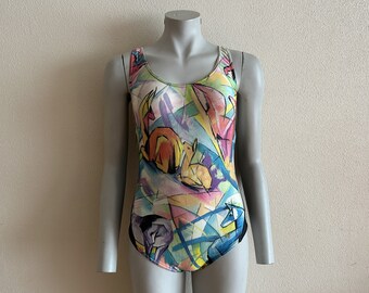 Abstract Print One Piece Swimsuit Neon Multi Colour Bodysuit Colorful Swimsuit Bathing Suit Open Back Swimming Suits Psychedelic Collage M/L