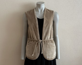 LAPIDUS 70s Vintage Vest Open Front Women's Vest Beige Velvet Open Front Belted Womens Waistcoat Cotton Blend Sleeveless Jacket