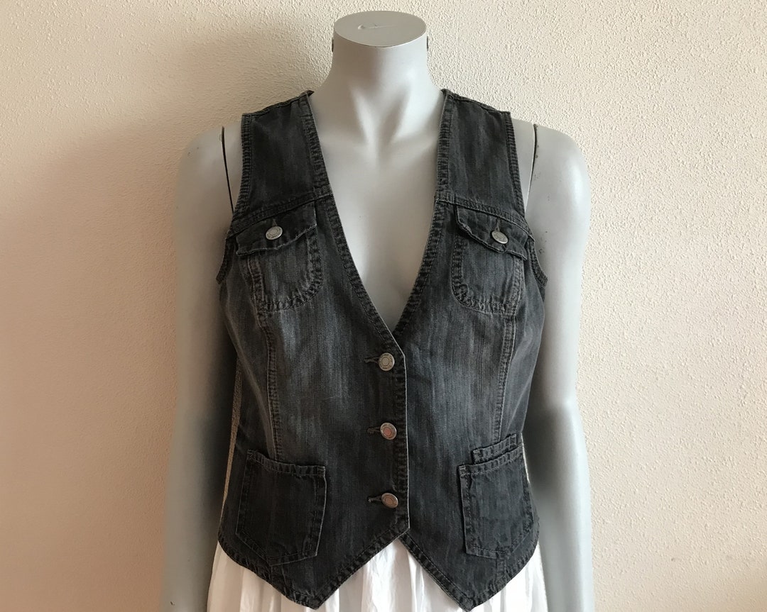 Women's Vest Denim Vest Gray Denim Vest Jeans Vest Fitted Etsy