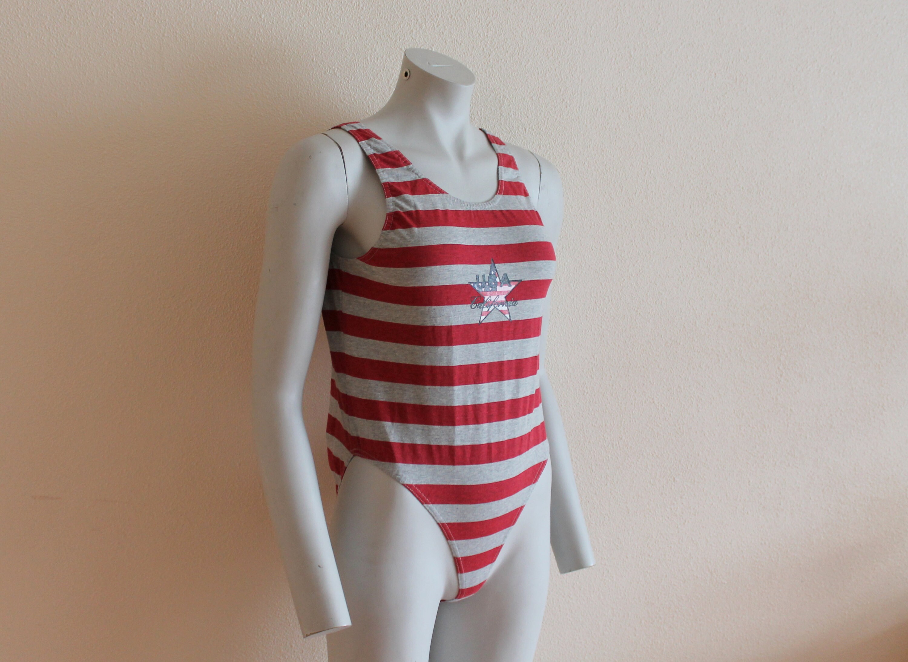 Red Grey Striped Vintage One Piece Swimsuit Patriotic Womens Swimwear
