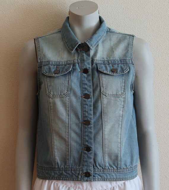 Allegra K Women's Denim Vintage Button Up Sleeveless Crop Jean Waistcoat  Vest Blue X-large : Target