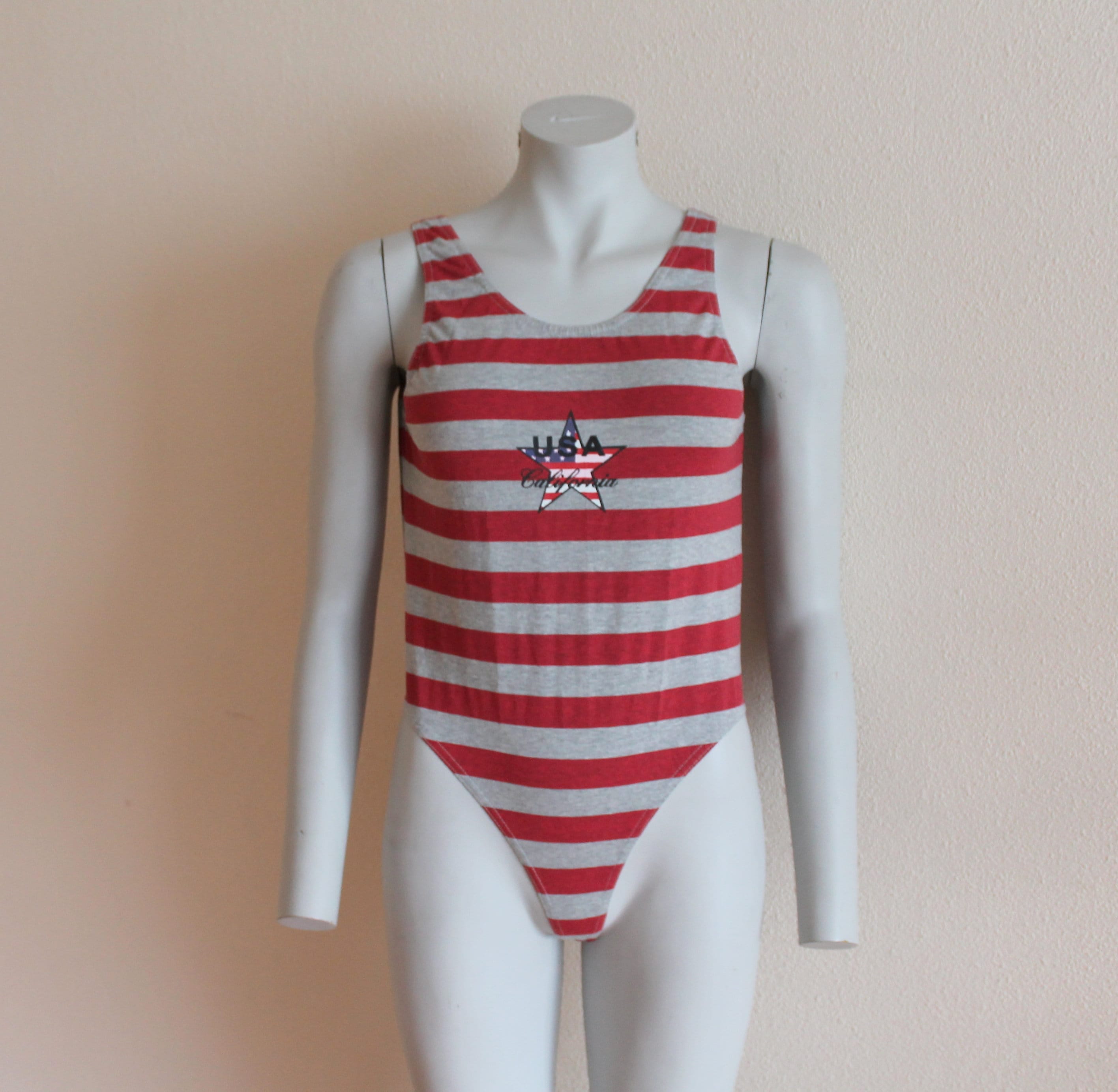 Red Grey Striped Vintage One Piece Swimsuit Patriotic Womens Swimwear