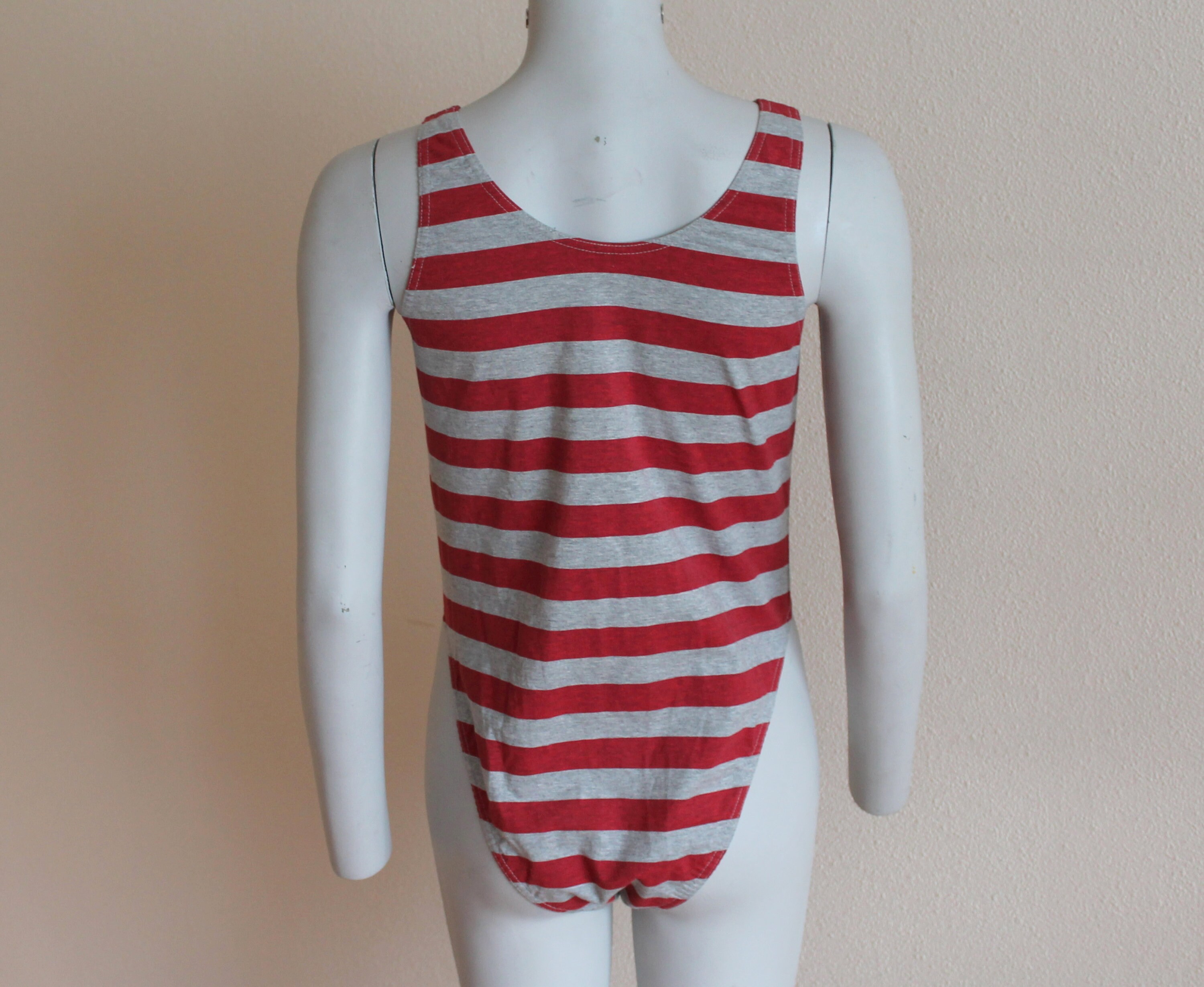 Red Grey Striped Vintage One Piece Swimsuit Patriotic Womens Swimwear
