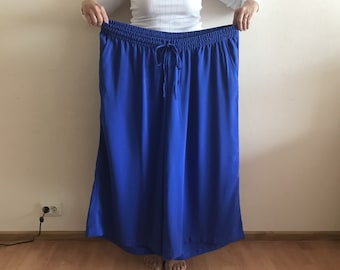 Plus Size Pants Blue Women Pants with Elastic Waist Vintage Trousers