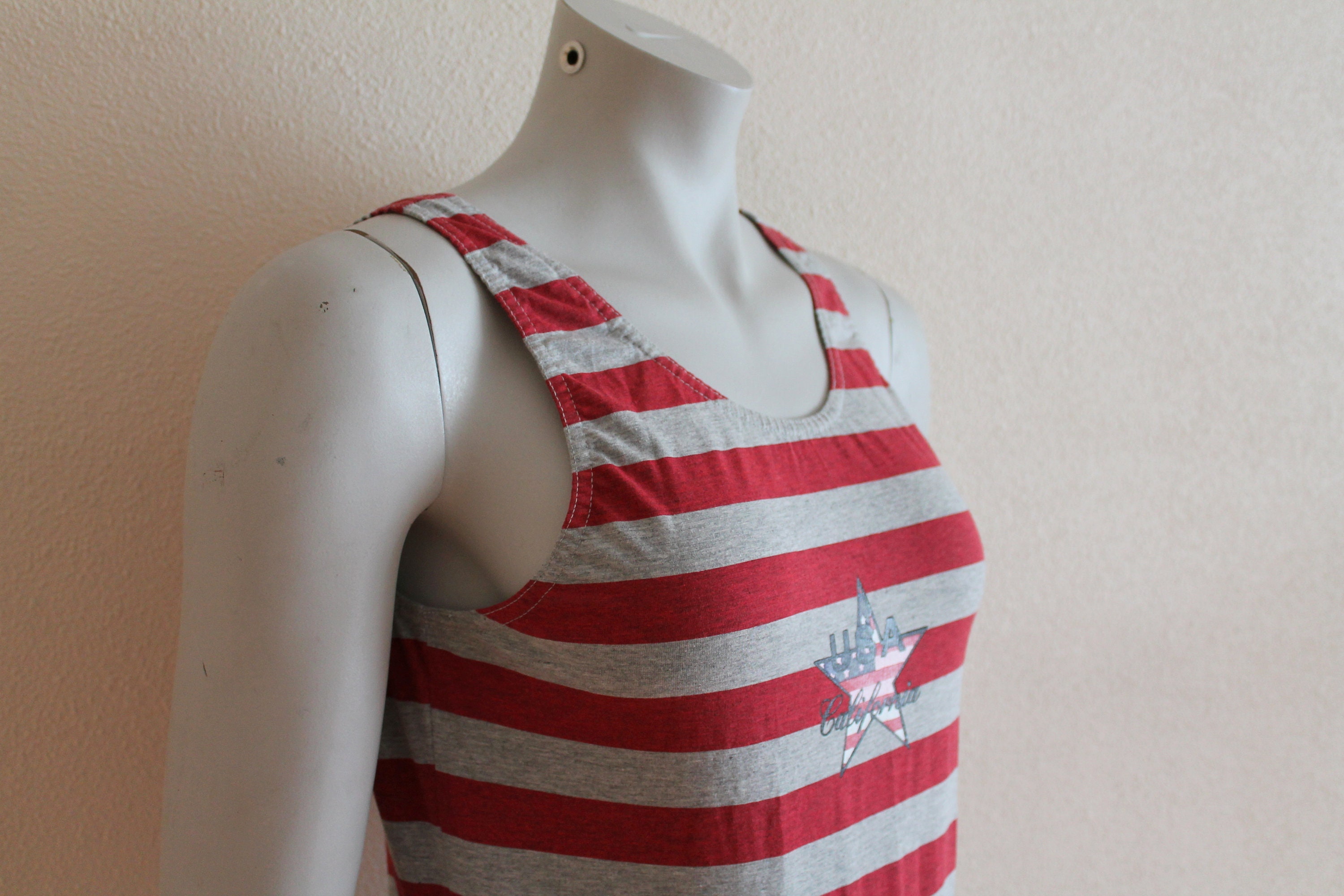 Red Grey Striped Vintage One Piece Swimsuit Patriotic Womens Swimwear