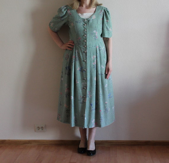 Vintage Dirndl Dress Gingham Plaid Midi Dress Che… - image 2