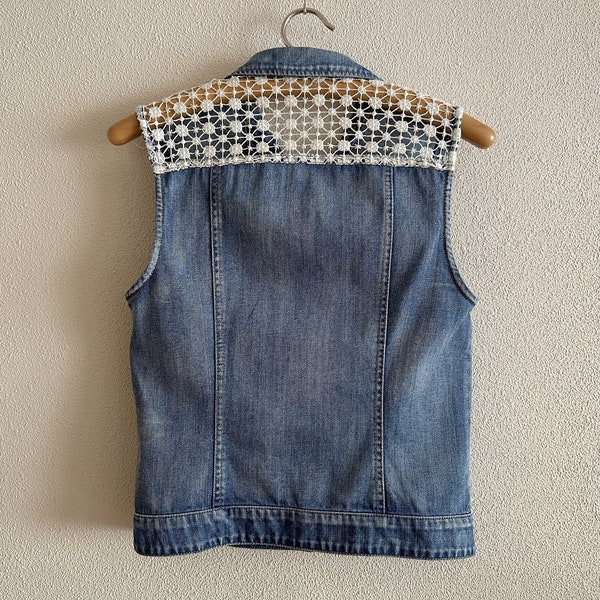 Women's Denim Vest Blue Denim Vest Lace Trim Jeans Vest Womens Cotton Waistcoat Country Western Boho Sleeveless Denim Jacket