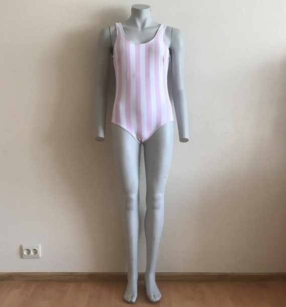 Womens Swimwear White Pink Striped Swimsuit Classic One Piece