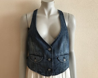 Women's Vest Blue Denim Vest Jeans Vest Fitted Womens Waistcoat Metal Buttons Vests Country Boho Sleeveless Denim Jacket Medium to Large