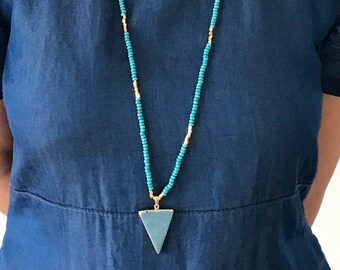 Beaded Long Turquoise Necklace with 24K gold plating details-SALE!