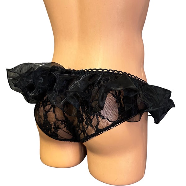 BRAND NEW! Ruffled Sissy Low Rise Panties Black Lace cd/ts