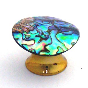 May include: A round cabinet knob featuring a polished gold-tone metal base and a flat, circular top inlay made of iridescent abalone shell. The shell surface displays a vibrant, swirling pattern of blue, green, and purple hues with a reflective finish.