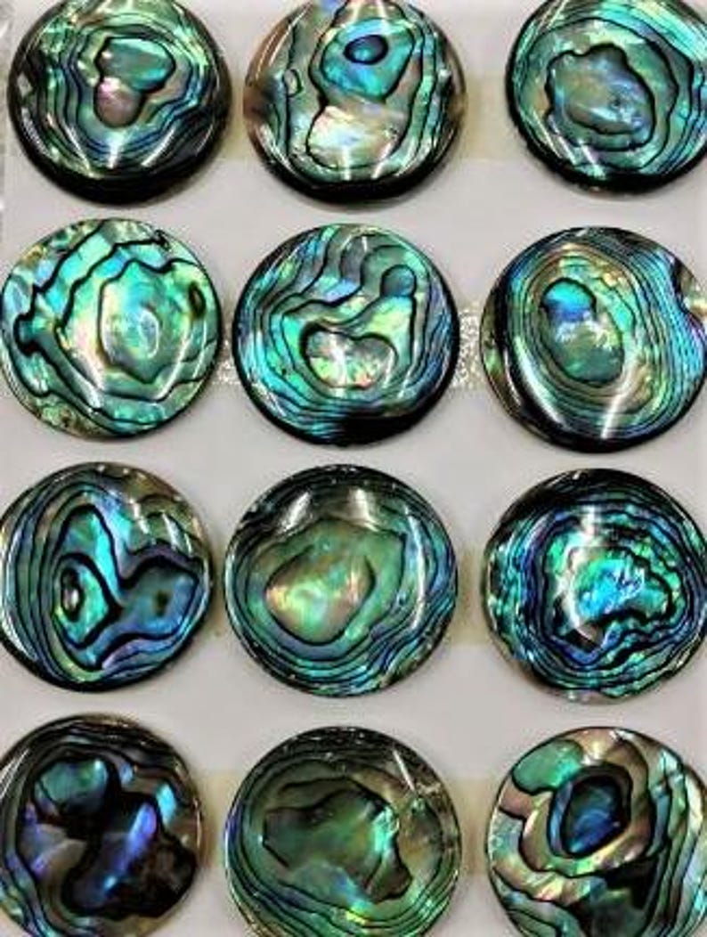 May include: A collection of twelve circular abalone shell cabochons arranged in a grid. Each piece features a polished, iridescent surface displaying swirling patterns of deep blue, vibrant green, and hints of purple with a natural lustre.